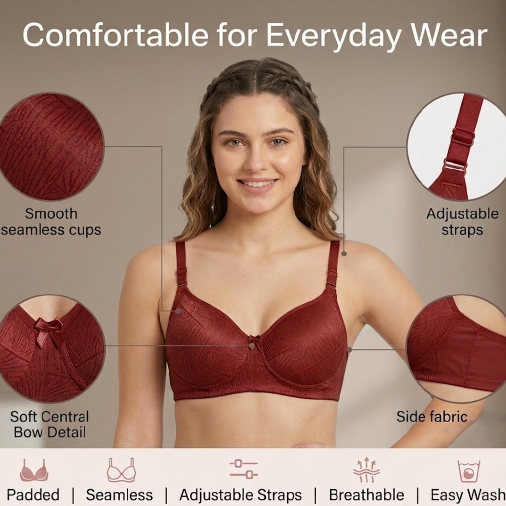 Elen Vosky Padded Bra for Women (Pack of 2) | Push-Up Seamless Adjustable Shoulder Bra | Comfortable Everyday Wear | Lightly Lined Wireless Support | Soft Breathable Lingerie
