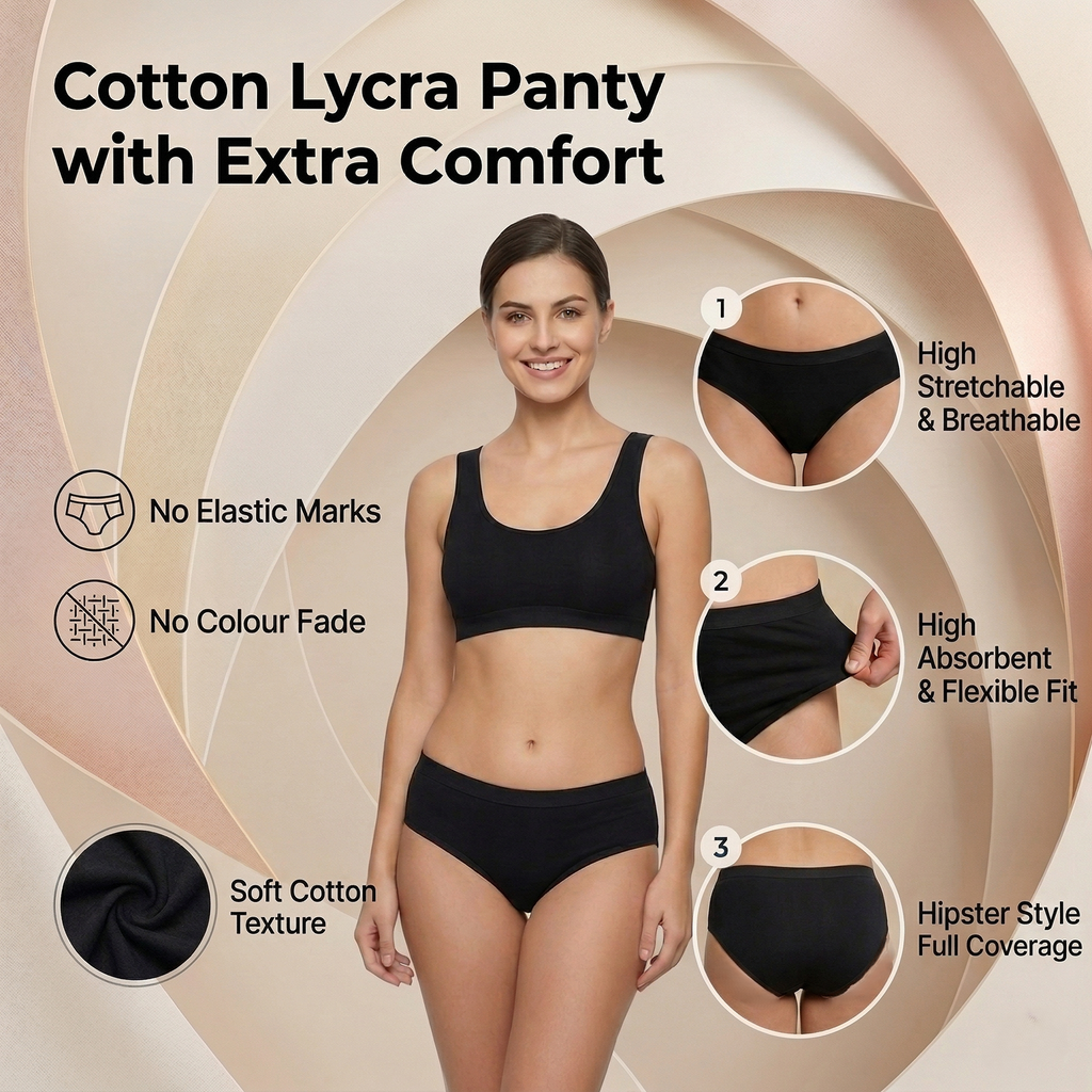 Elen Vosky Cotton Hipster Panties for Women Pack of 3 | panties in low rise | Stretch Waistband Grip Fit | Breathable Cotton Lycra Fabric | Stain Release Ladies Innerwear