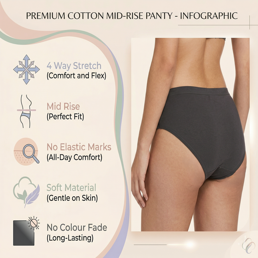 Elen Vosky Women’s Cotton Hipster Panties Pack of 3 | Breathable Cotton Lycra Fabric | Mid Rise Comfort Fit | Full Coverage Innerwear | Stretch Waistband | Anti Odor, Everyday Wear