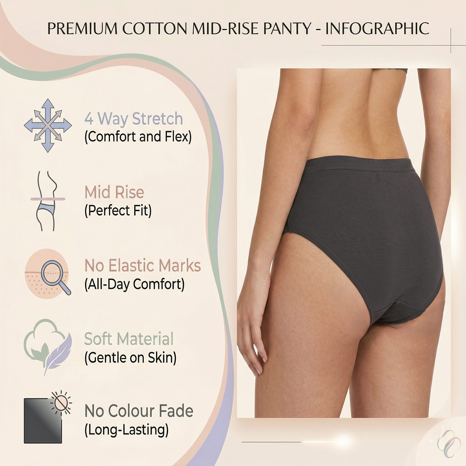 Elen Vosky Women’s Cotton Hipster Panties Pack of 3 | Breathable Cotton Lycra Fabric | Mid Rise Comfort Fit | Full Coverage Innerwear | Stretch Waistband | Anti Odor, Everyday Wear