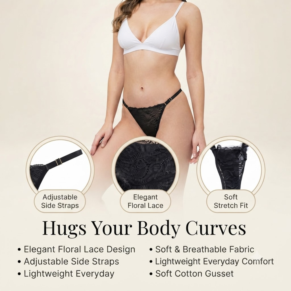 Elen Vosky Thong Panty for Woman | Low Rise Panty | Breathable Cotton Fabric | Soft Stretch G-String | Everyday Lingerie