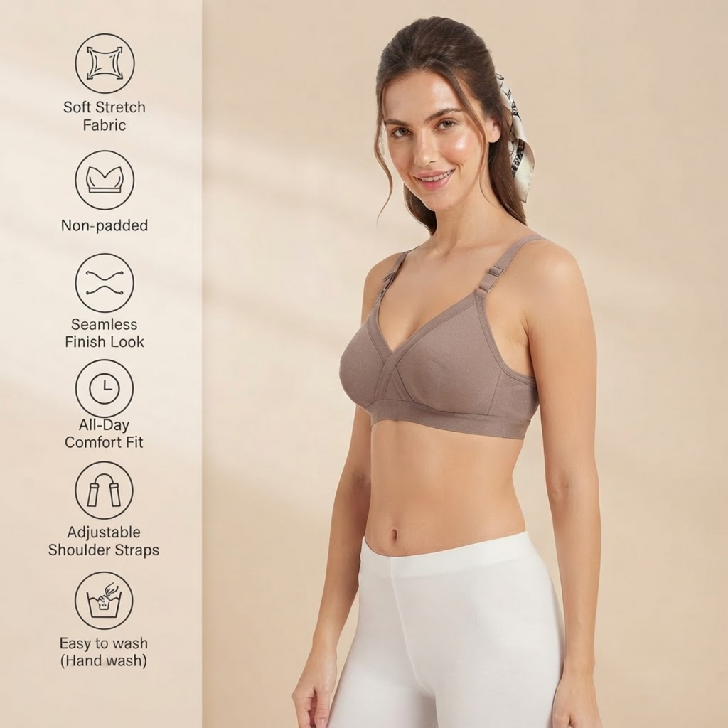 Elen Vosky Bra for Women | Seamless Non-Padded Bra|Breathable Cotton Fabric | Comfortable Everyday Wear | Wireless Support