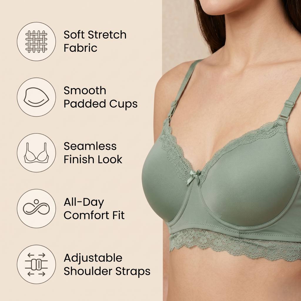 Elen Vosky Lace Design Bra for Women | Seamless Padded Bra with Lace Bottom Band | Wireless T-Shirt Bra | Comfortable Everyday Wear | Breathable Cotton Lycra Fabric