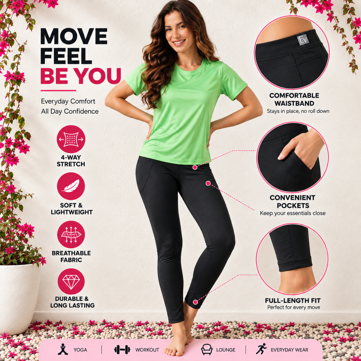 Women Gym Wear Set | Round Neck Half Sleeve T-Shirt & Leggings Combo | Comfortable Yoga, Workout, Running Set for Women