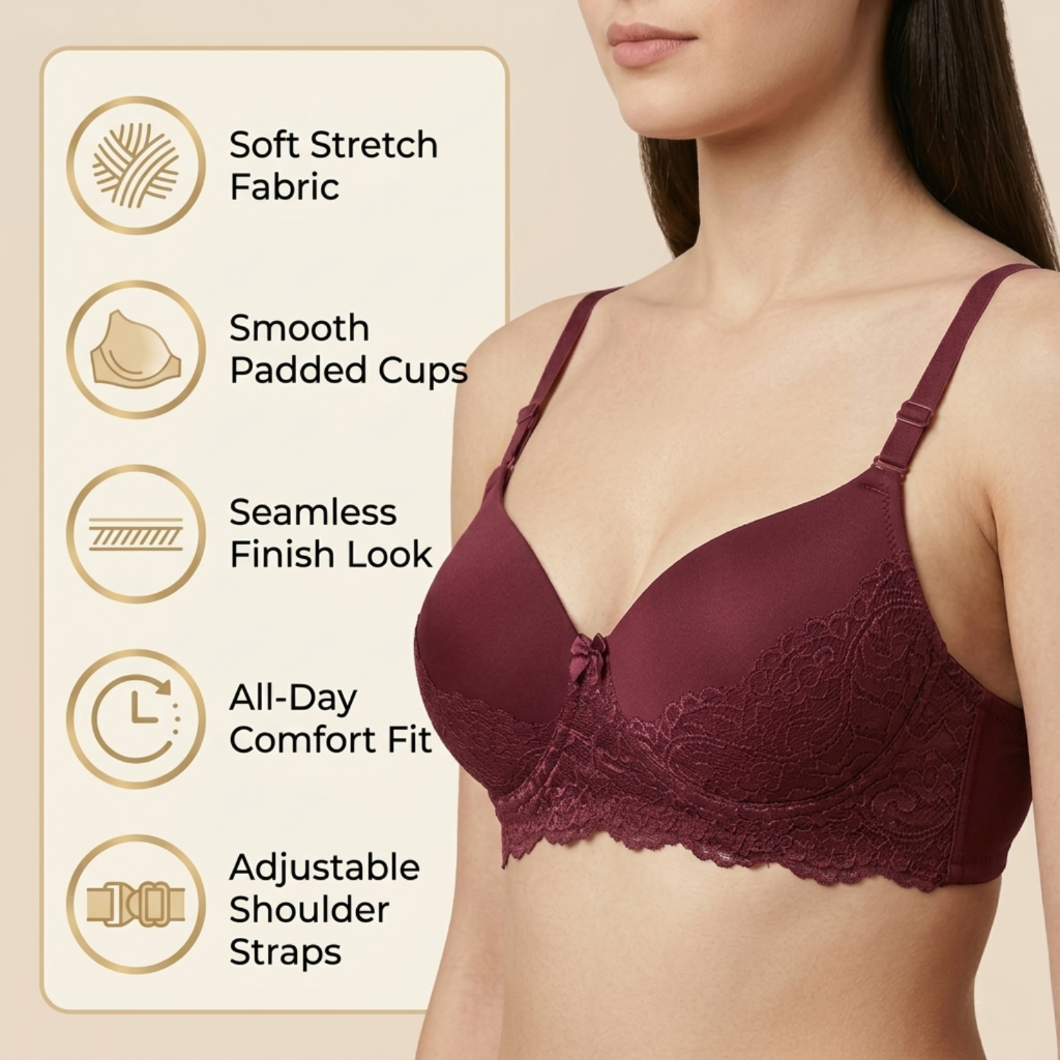 Elen Vosky Lace Design Bra for Women | Seamless Padded Bra with Lace Bottom Band | Adjustable strap bra | Comfortable Everyday Wear | Breathable Cotton Lycra Fabric