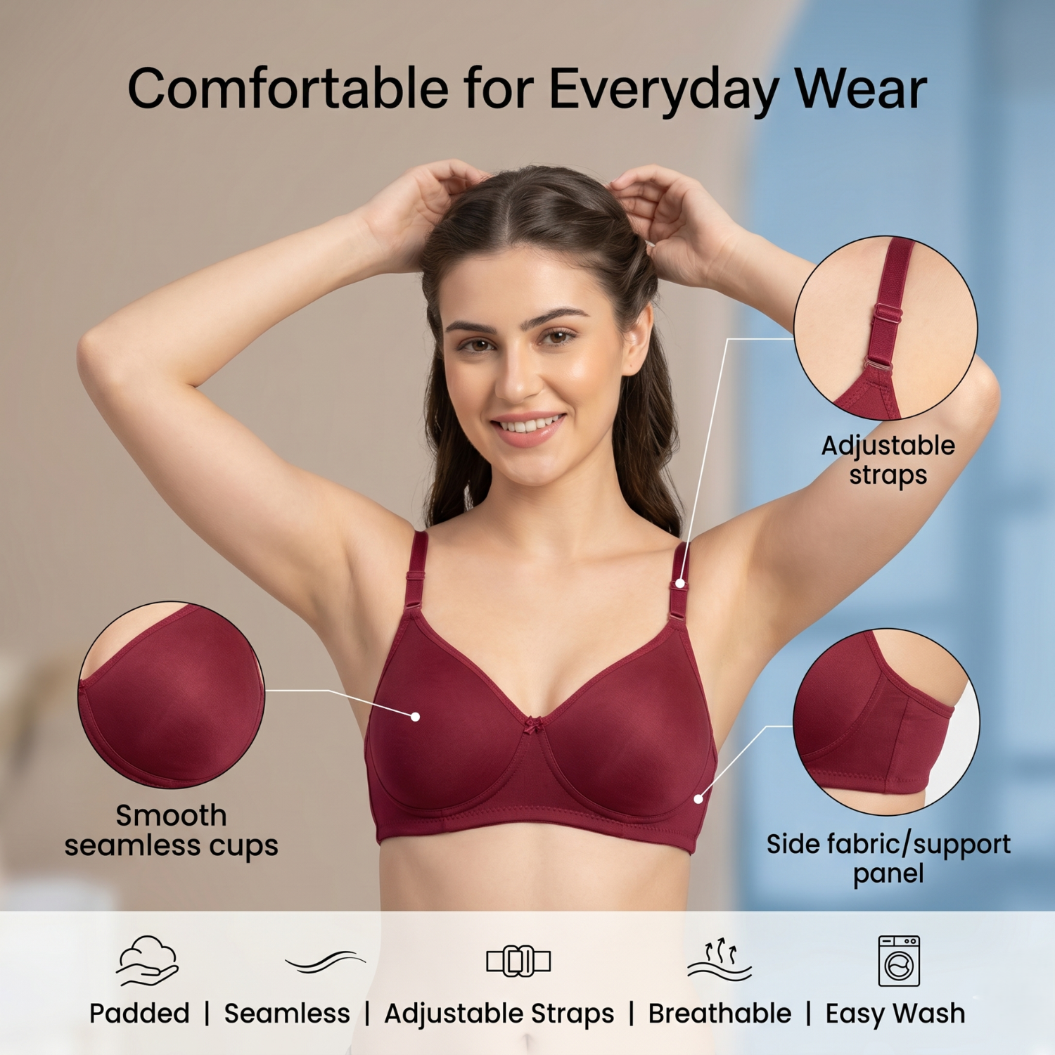 Elen Vosky Bra for Women | Seamless, Padded Bra | Comfortable Everyday Wear | Push-Up Seamless Adjustable Shoulder Bra| Lightly Lined Wireless Support | Breathable Cotton Lycra Fabric Pack of 2