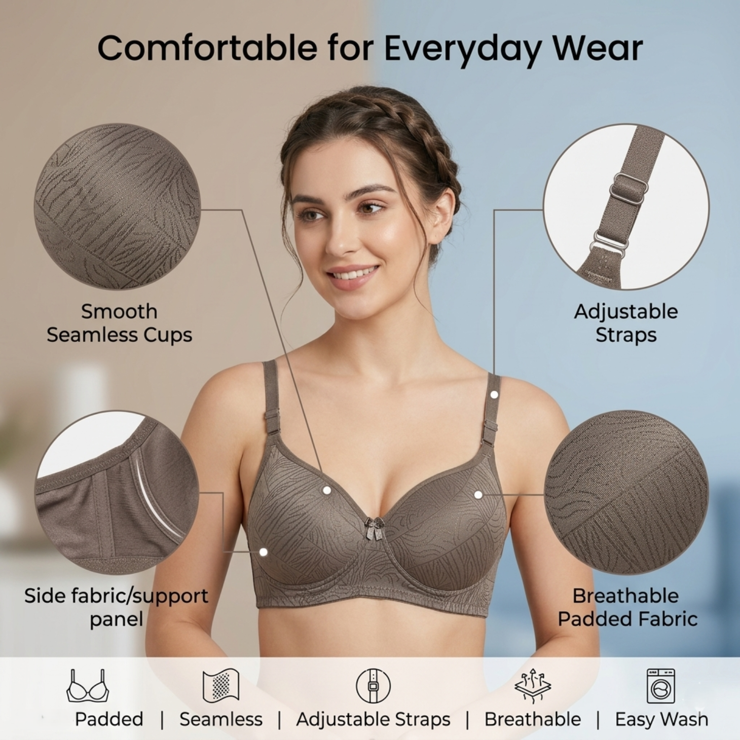 Elen Vosky Padded Bra for Women (Pack of 2) | Push-Up Seamless Adjustable Shoulder Bra | Comfortable Everyday Wear | Lightly Lined Wireless Support | Soft Breathable Lingerie