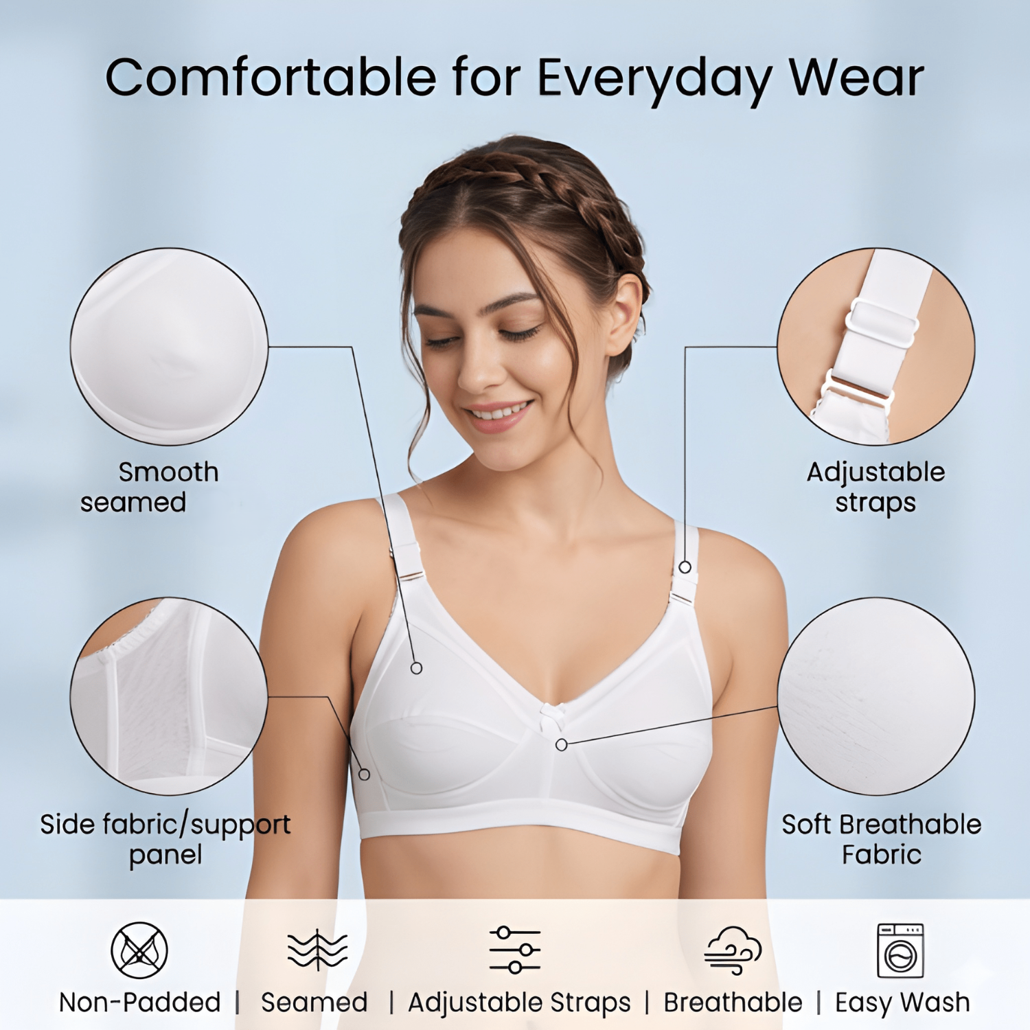 Elen Vosky Bra for Women Pack of 2 | Seamless,Non-Padded Bra with Lace Bottom Band | Wireless Bra | Comfortable Everyday Wear | Breathable Cotton Lycra Fabric
