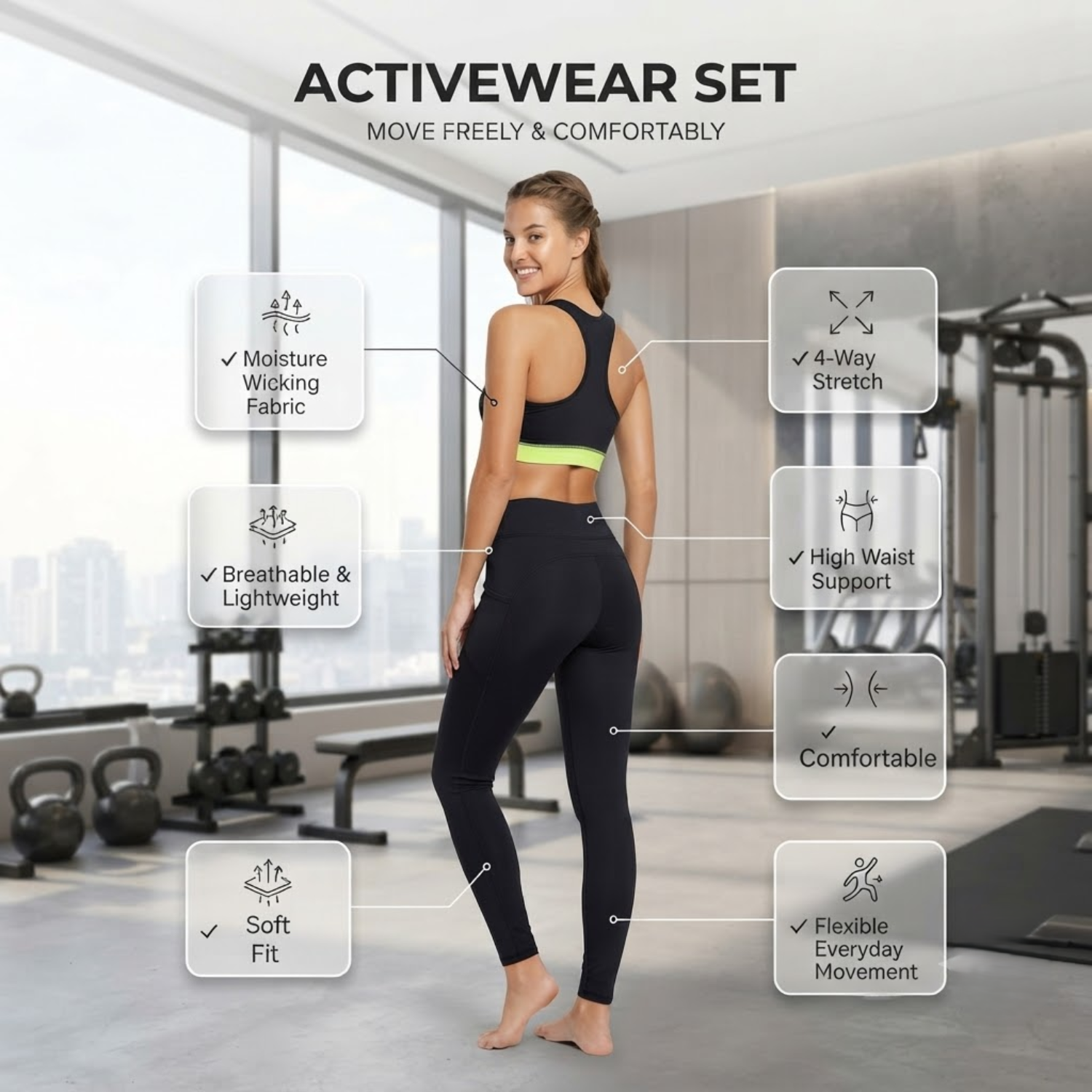 Elen Vosky Women's Activewear Set | Racerback Sports Bra & High Waist Gym Leggings with Side Pockets | Stretch Workout Outfit for Yoga, Gym, Running & Fitness