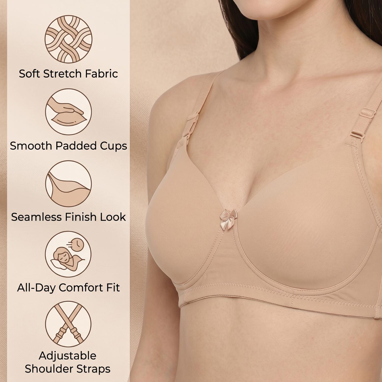 Elen Vosky Padded Bra for Women | Push-Up Seamless Adjustable Shoulder Bra | Comfortable Everyday Wear | Lightly Lined Wireless Support | Soft Breathable Lingerie