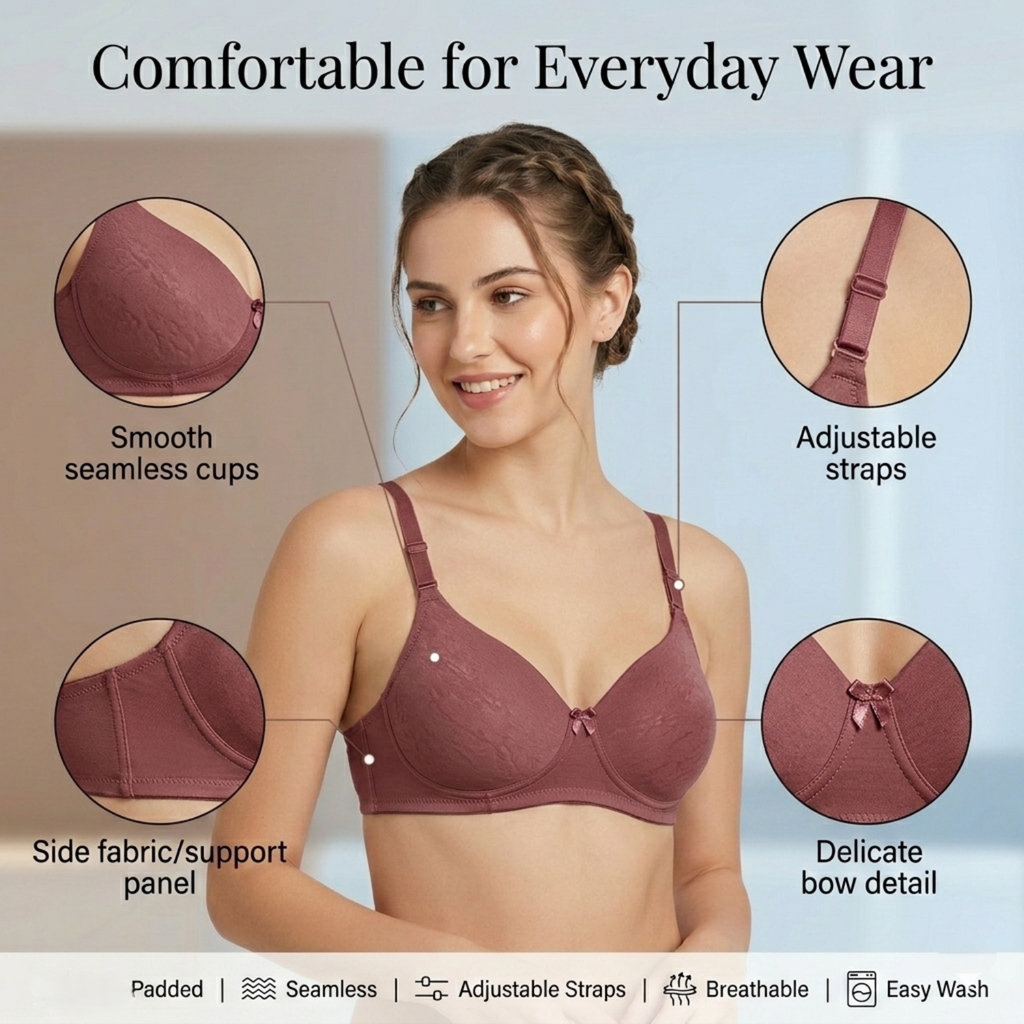 Elen Vosky Bra for Women | Seamless, Padded Bra | Comfortable Everyday Wear | Lightly Lined Wireless Support | Breathable Cotton Lycra Fabric (Pack of 2)