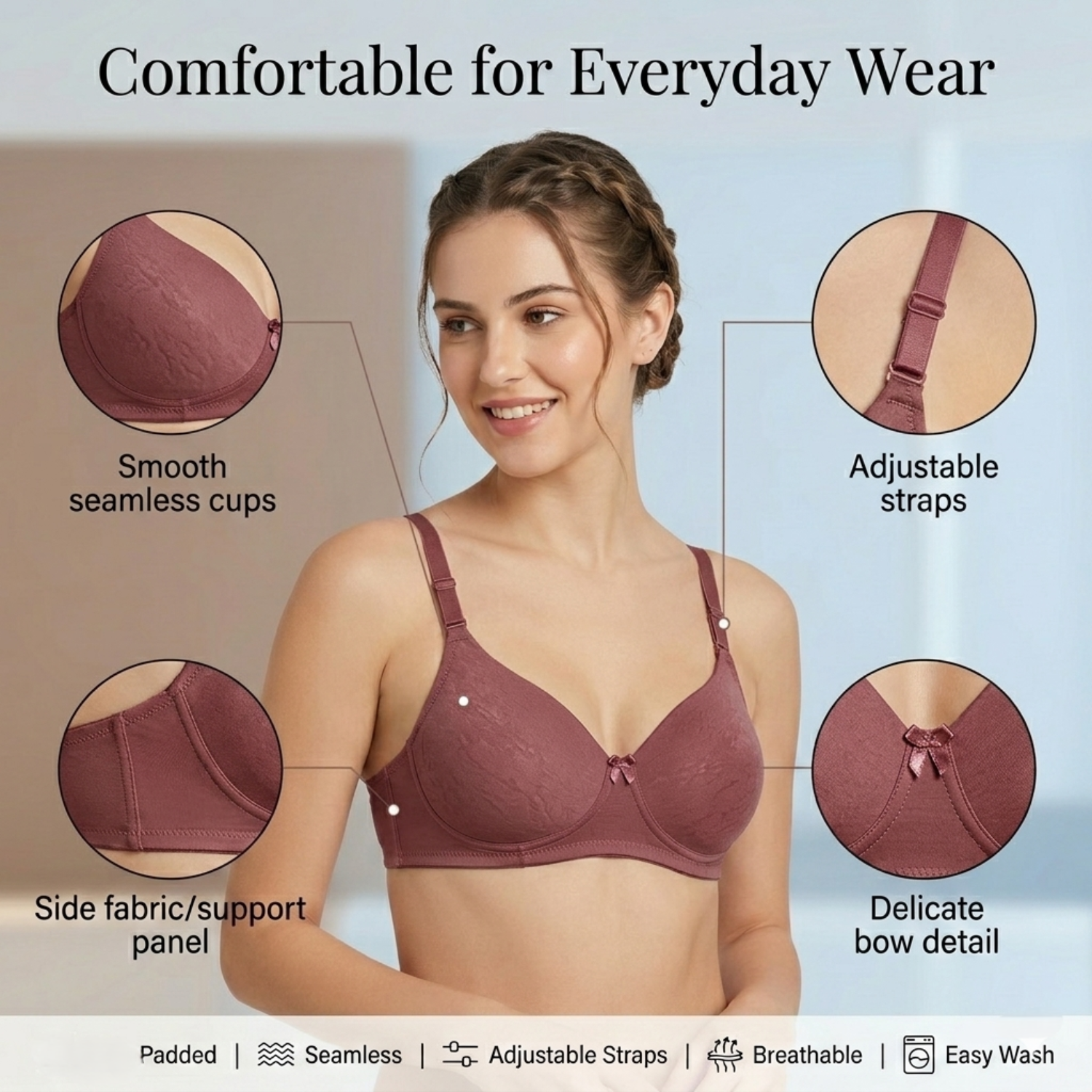 Elen Vosky Bra for Women | Seamless, Padded Bra | Comfortable Everyday Wear | Lightly Lined Wireless Support | Breathable Cotton Lycra Fabric (Pack of 2)