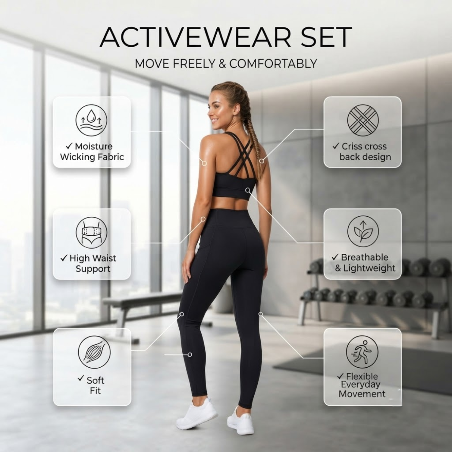 Elen Vosky Women's Activewear Set | Criss Cross Back & High Waist Leggings with Side Pockets | Stretch Workout Outfit for Yoga, Gym, Running & Fitness