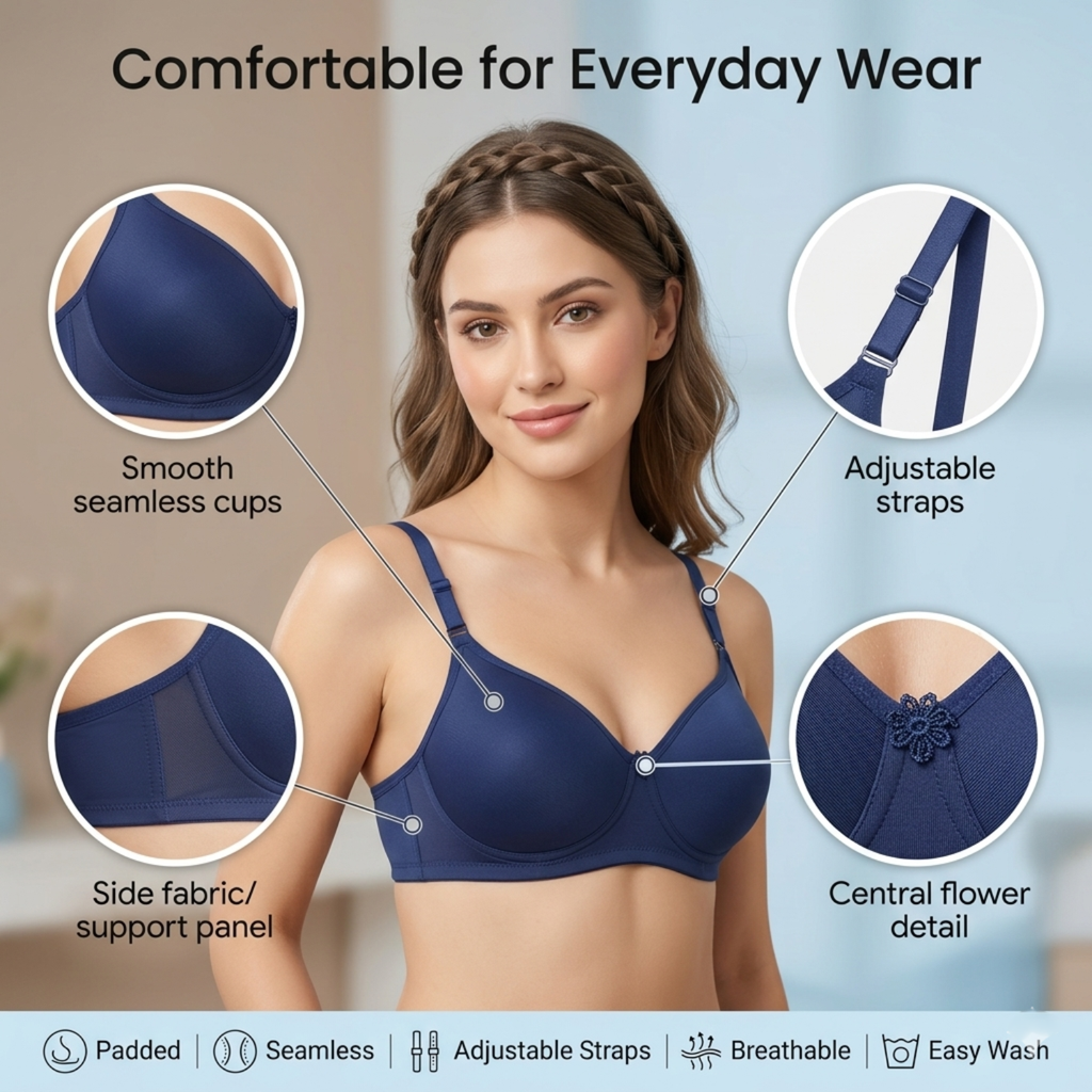 Elen Vosky Bra for Women | Seamless, Padded Bra | Comfortable Everyday Wear | Push-Up Seamless Adjustable Shoulder Bra| Lightly Lined Wireless Support | Breathable Cotton Lycra Fabric Pack of 2