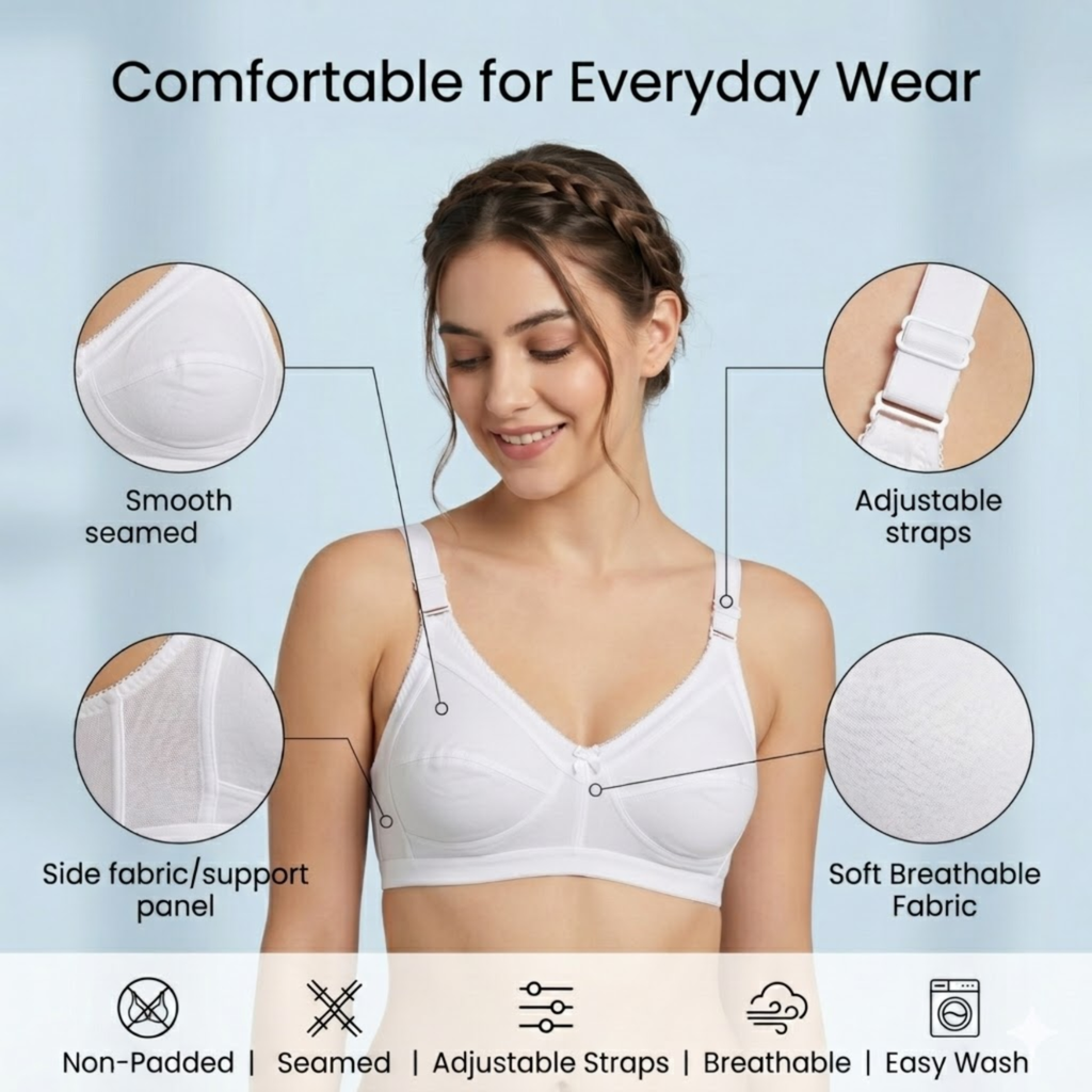 Elen Vosky Bra for Women pack of 3 | Seamless,Non-Padded Bra with Lace Bottom Band | Wireless Bra | Comfortable Everyday Wear | Breathable Cotton Lycra Fabric