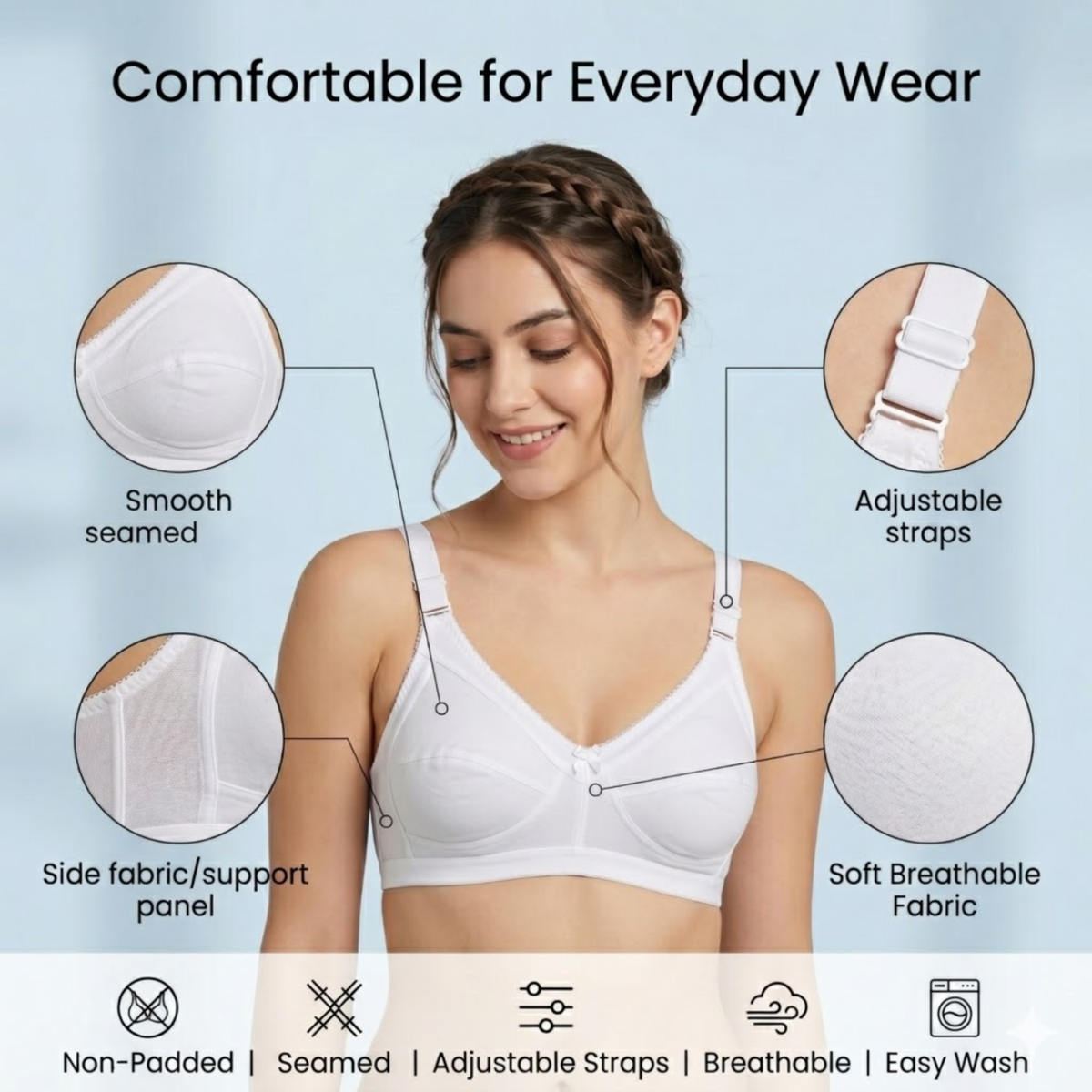 Elen Vosky Bra for Women pack of 3 | Seamless,Non-Padded Bra with Lace Bottom Band | Wireless Bra | Comfortable Everyday Wear | Breathable Cotton Lycra Fabric