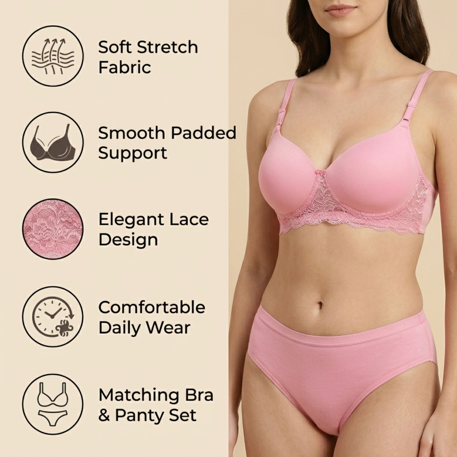 Elen Vosky Women’s Lingerie Set(Pack of 2) | Bra Panty Set with Strappy Detailing |Breathable Cotton Lycra Fabric | Seamless Padded Bra with Lace Bottom Band