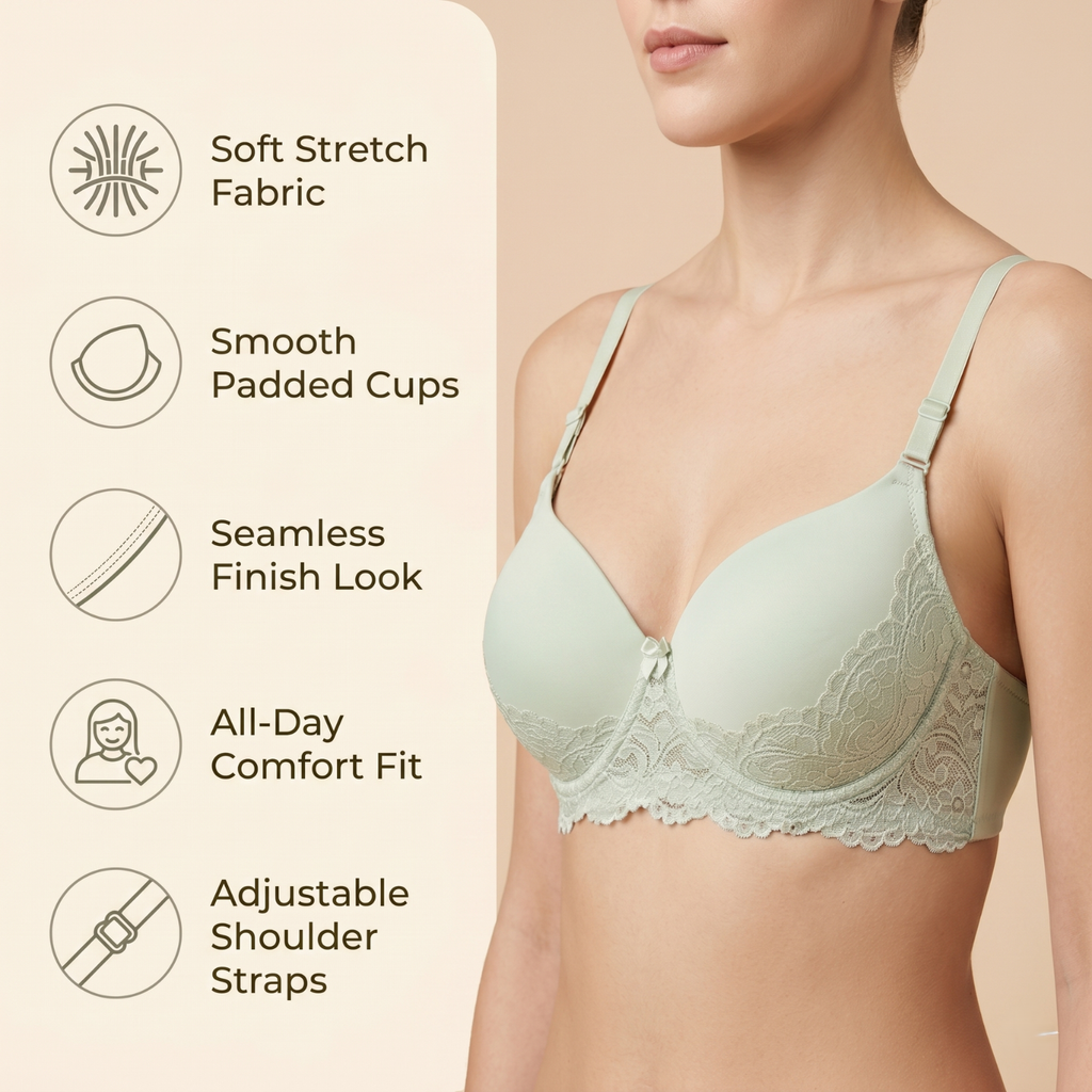 Elen Vosky Lace Design Bra for Women | Seamless Padded Bra with Lace Bottom Band | Adjustable strap bra | Comfortable Everyday Wear | Breathable Cotton Lycra Fabric
