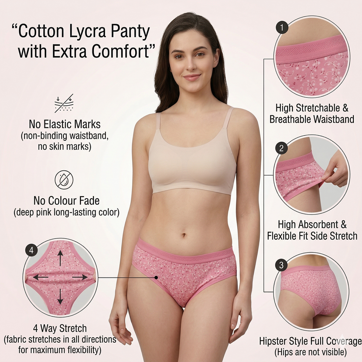 Elen Vosky Women’s Cotton Hipster Panties Pack of 3 | Breathable Cotton Lycra Fabric | Full Coverage Innerwear | Mid Rise Comfort Fit | Anti Odor, Everyday Wear | women innerwear