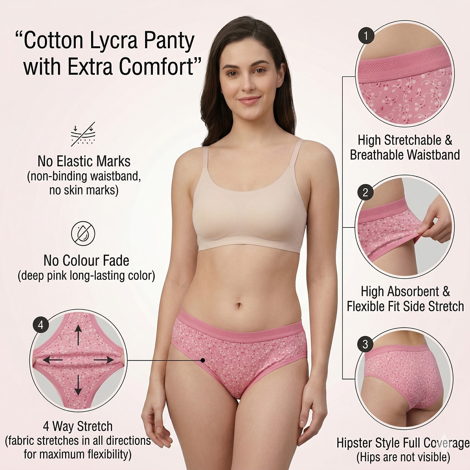 Elen Vosky Women’s Cotton Hipster Panties Pack of 3 | Breathable Cotton Lycra Fabric | Full Coverage Innerwear | Mid Rise Comfort Fit | Anti Odor, Everyday Wear | women innerwear