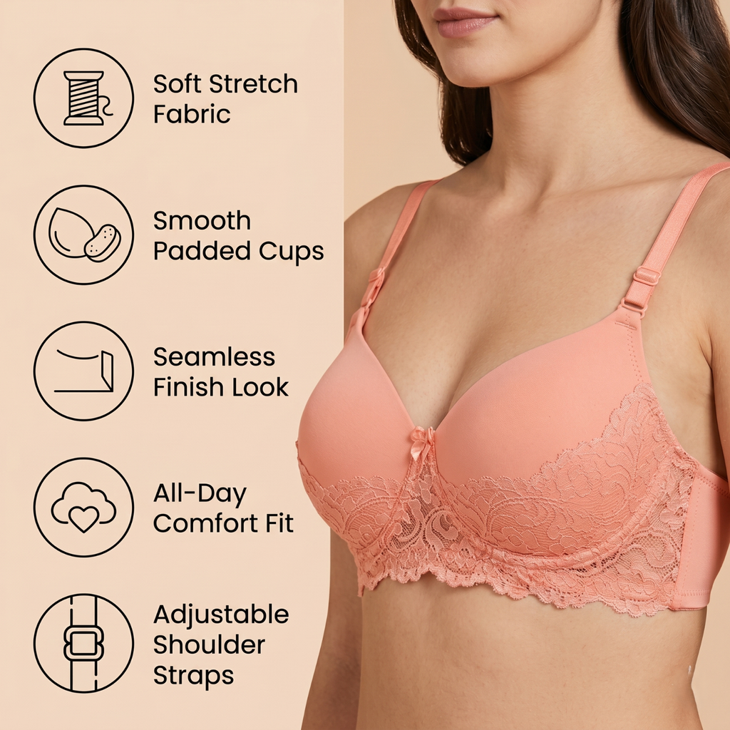 Elen Vosky Lace Design Bra for Women | Seamless Padded Bra with Lace Bottom Band | Adjustable strap bra | Comfortable Everyday Wear | Breathable Cotton Lycra Fabric