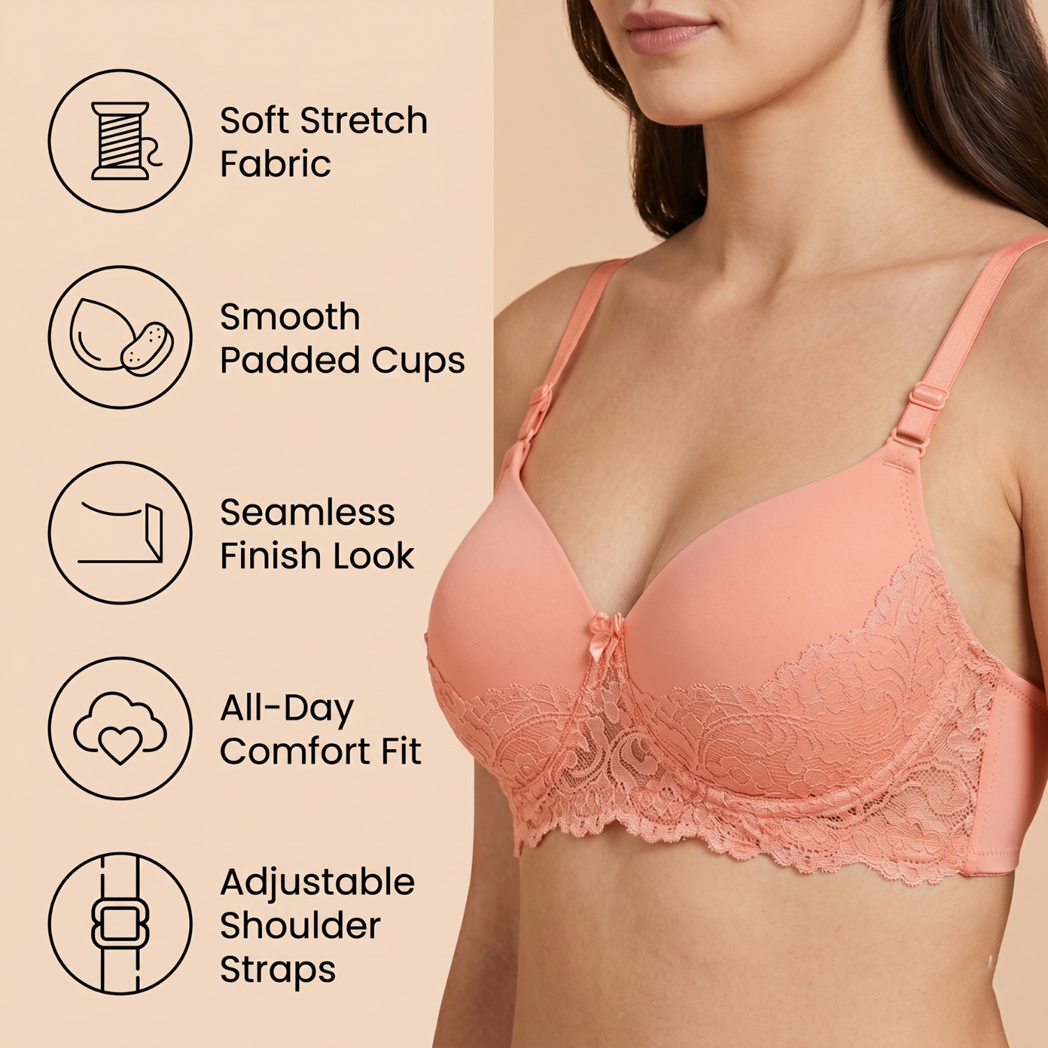 Elen Vosky Lace Design Bra for Women | Seamless Padded Bra with Lace Bottom Band | Adjustable strap bra | Comfortable Everyday Wear | Breathable Cotton Lycra Fabric