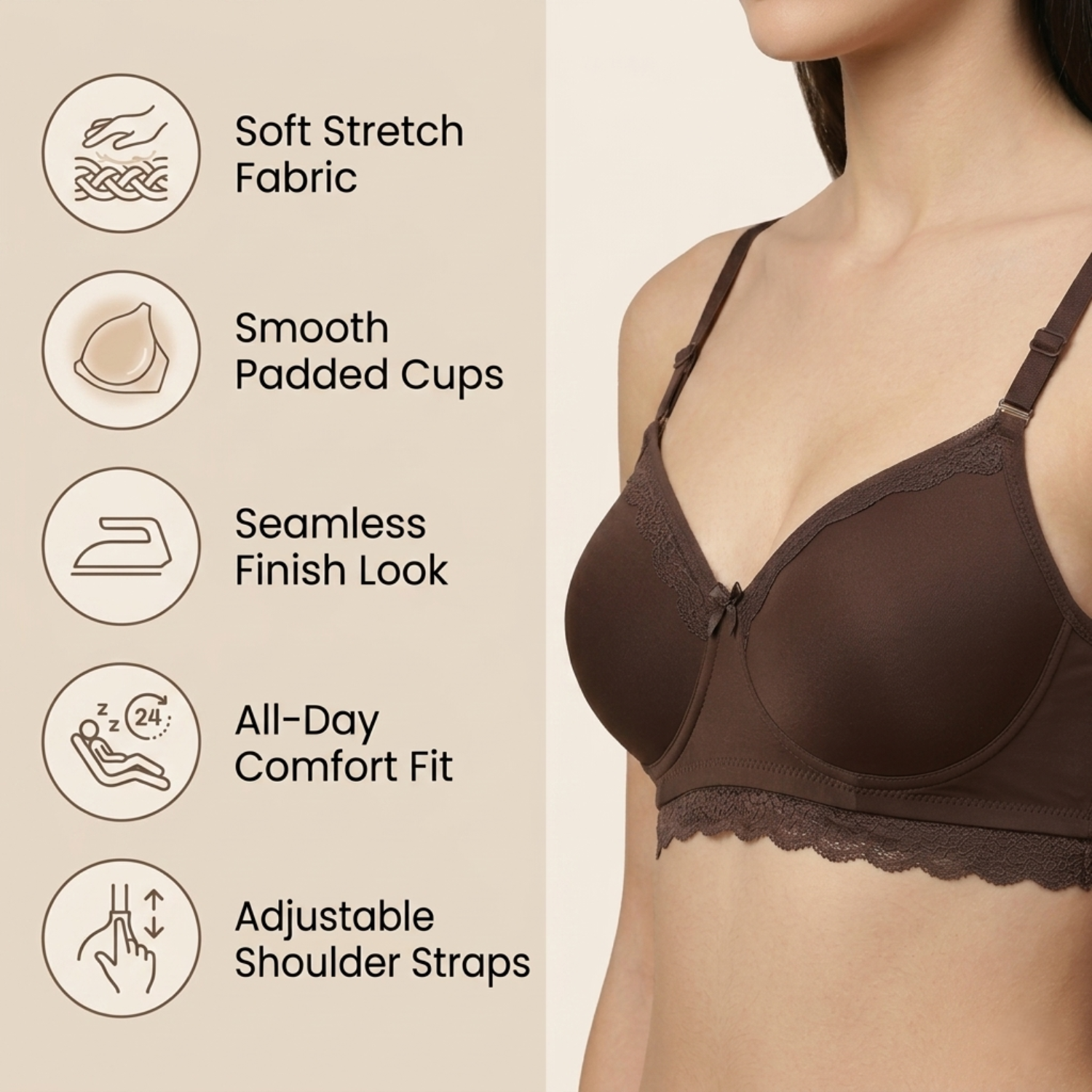 Elen Vosky Lace Design Bra for Women(Pack of 2) | Seamless Padded Bra with Lace Bottom Band | Wireless T-Shirt Bra | Comfortable Everyday Wear | Breathable Cotton Lycra Fabric