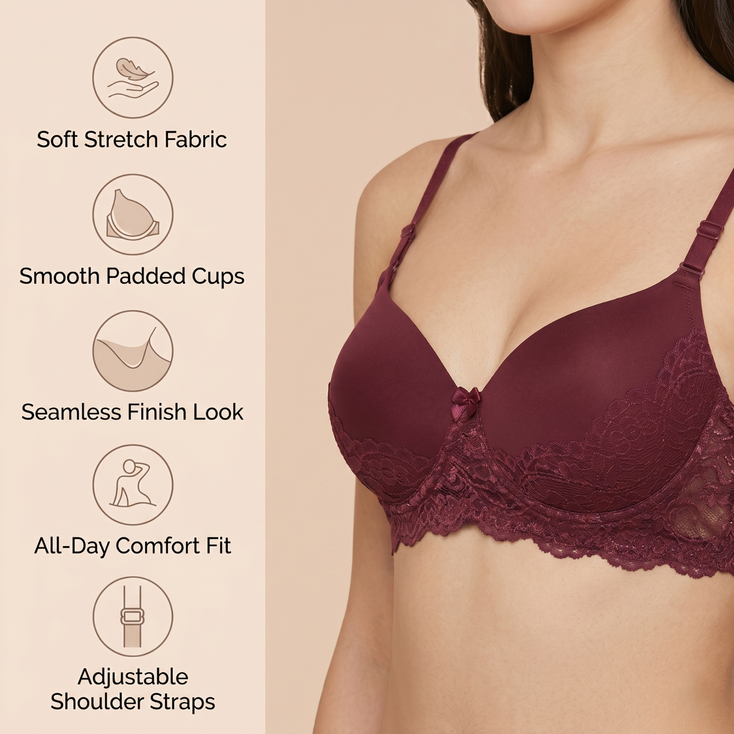 Elen Vosky Lace Design Bra for Women(Pack of 2 | Seamless Padded Bra with Lace Bottom Band | Adjustable strap bra | Comfortable Everyday Wear | Breathable Cotton Lycra Fabric