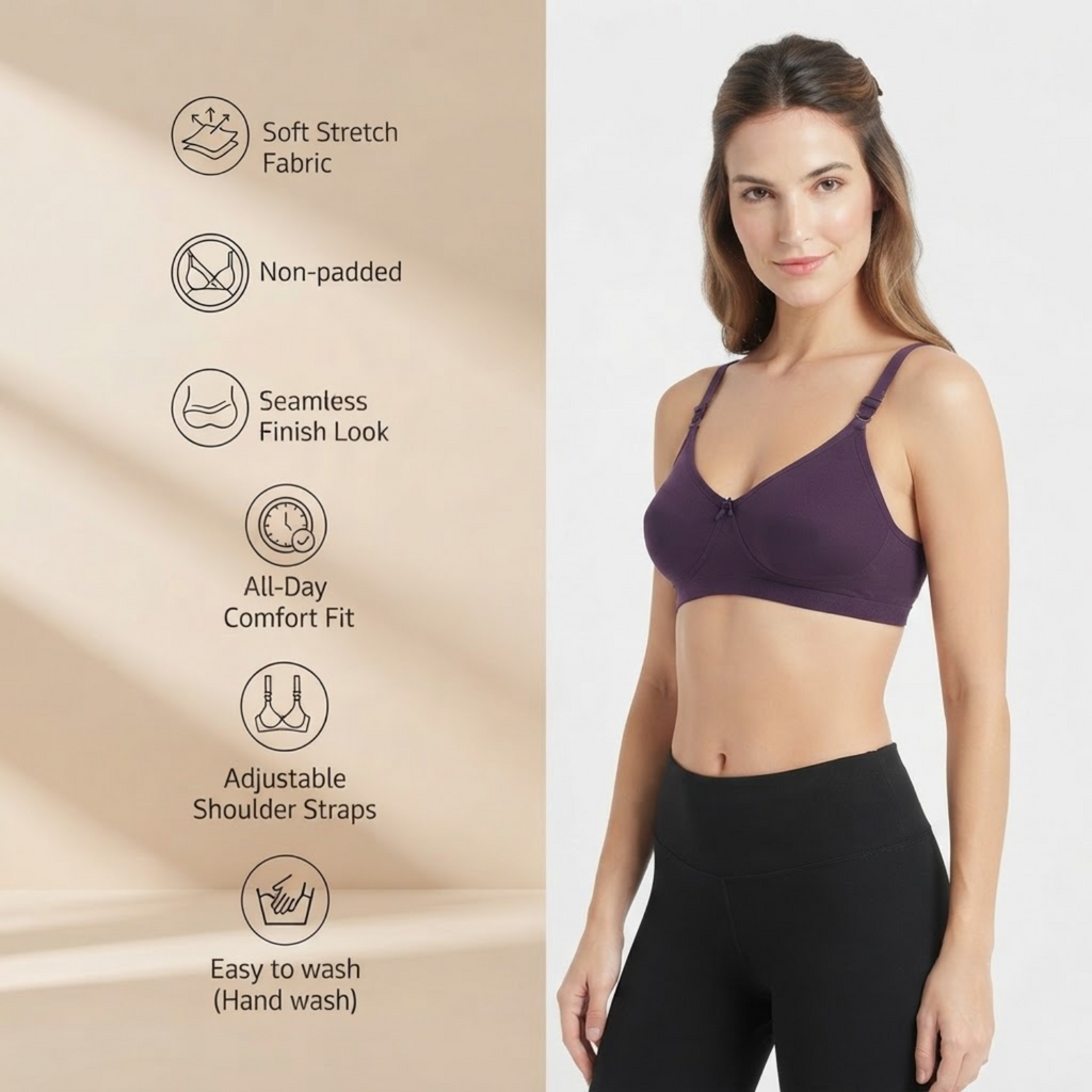 Elen Vosky Non-Padded Bra for Women | Seamless Wireless | 3-Hook Back Closure | Adjustable Shoulder Straps | Breathable Cotton Fabric | Everyday Wear