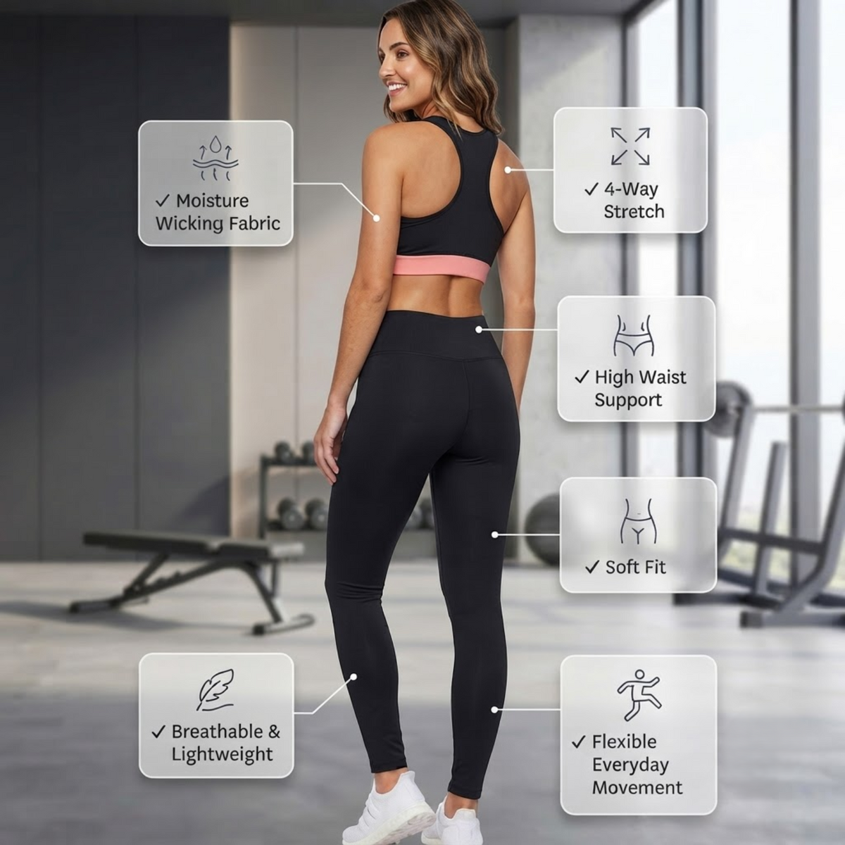 Elen Vosky Women's Activewear Set | Racerback Sports Bra & High Waist Gym Leggings with Side Pockets | Stretch Workout Outfit for Yoga, Gym, Running & Fitness
