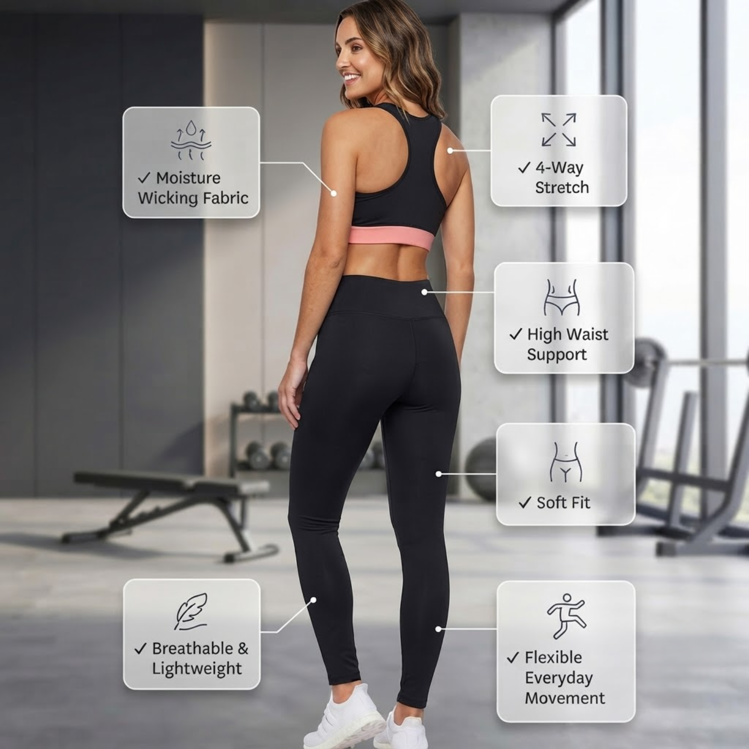 Elen Vosky Women's Activewear Set | Racerback Sports Bra & High Waist Gym Leggings with Side Pockets | Stretch Workout Outfit for Yoga, Gym, Running & Fitness