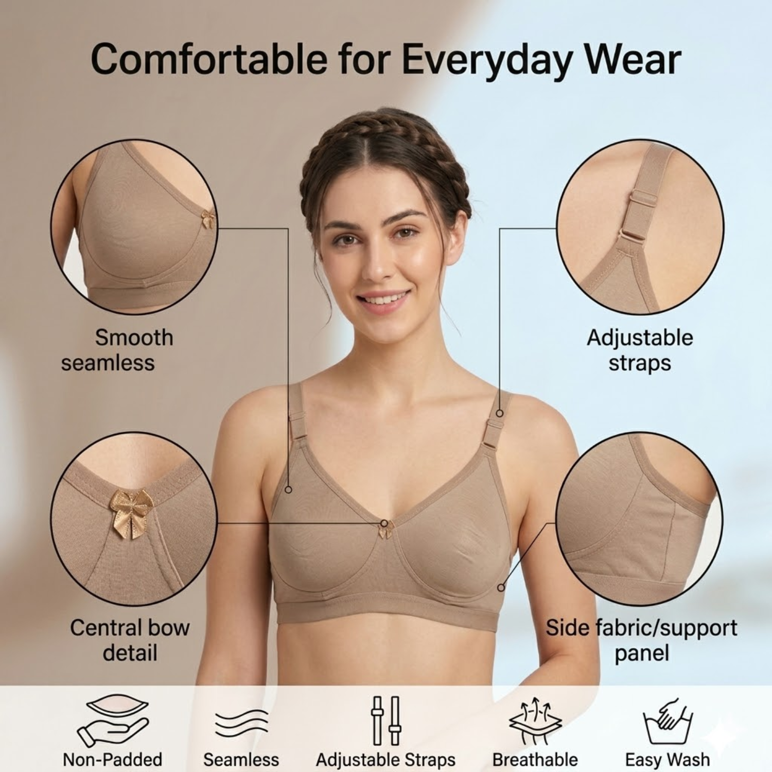 Elen Vosky Non-Padded Bra for Women (Pack of 2) | Seamless Wireless | 3-Hook Back Closure | Adjustable Shoulder Straps | Breathable Cotton Lycra Fabric | Everyday Wear
