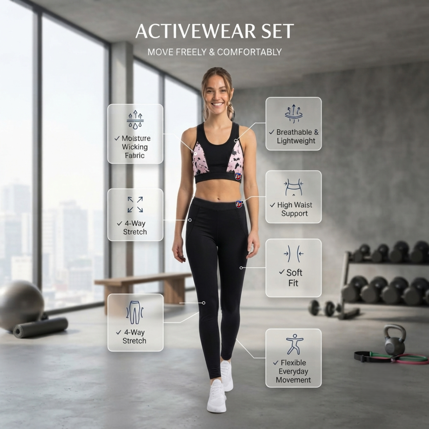 Elen Vosky Women's Activewear Set | Racerback Sports Bra & High Waist Gym Leggings | Dual Side Pockets | Stretch Workout Outfit for Yoga, Gym, Running & Fitness