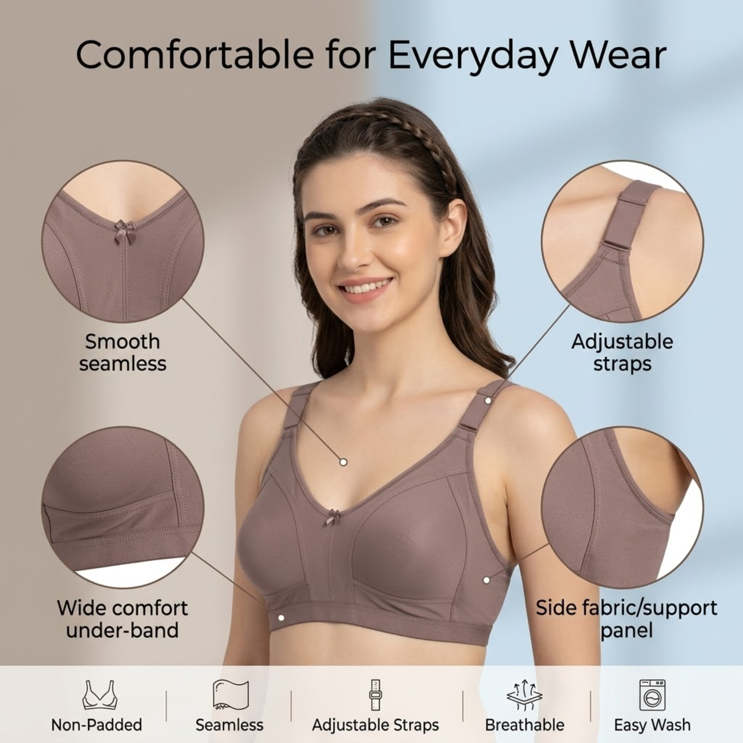 Elen Vosky Premium Bra for Women |  Everyday Comfort Bra | Non-Padded Wirefree Cotton Lycra Bra | Seamless Finish & Adjustable Straps | Everyday Wear