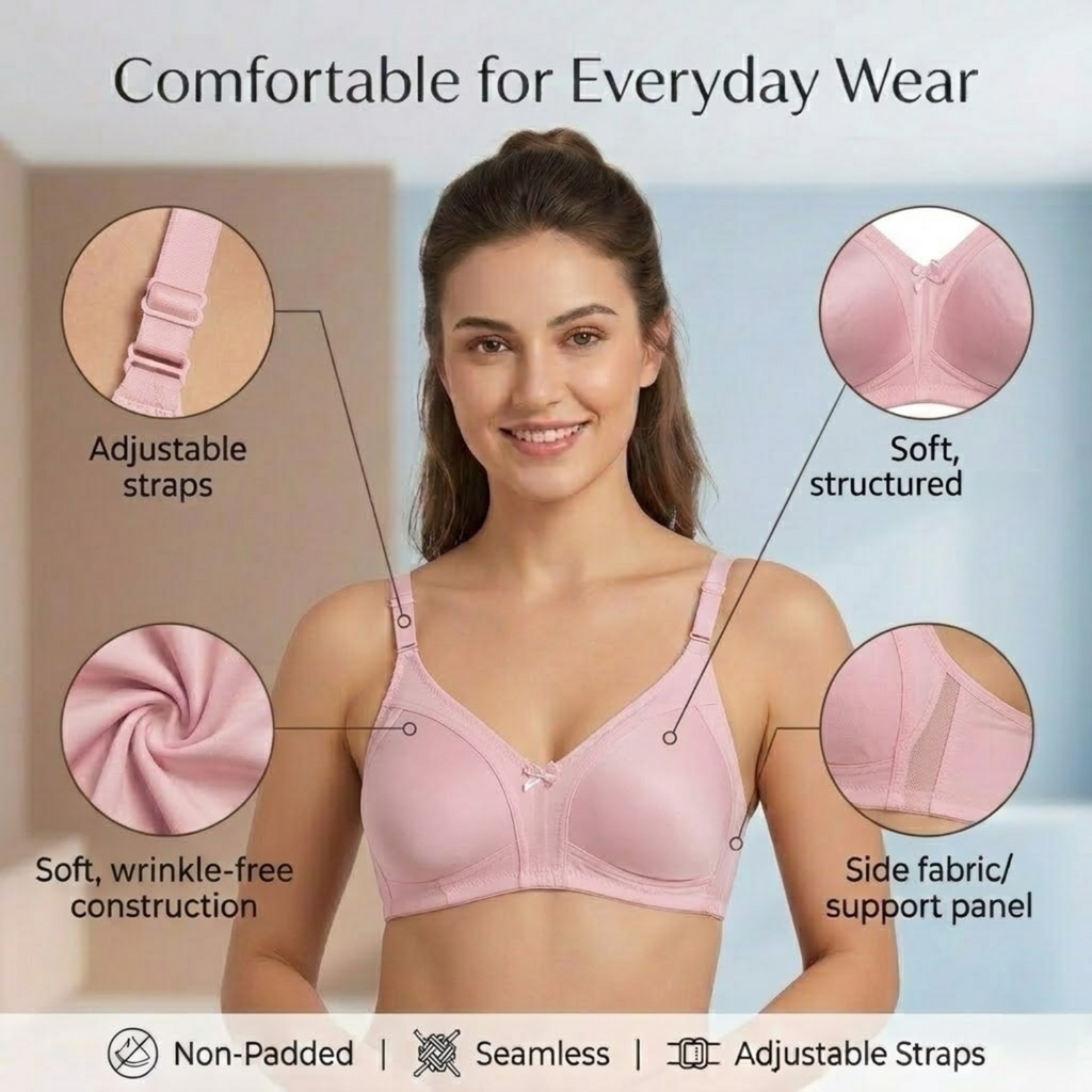 Elen Vosky Non Padded Bra for Women (Pack of 2) | Wirefree Seamless Bra with Adjustable Straps | Soft Support Breathable Cotton Lycra Bra for Everyday Wear