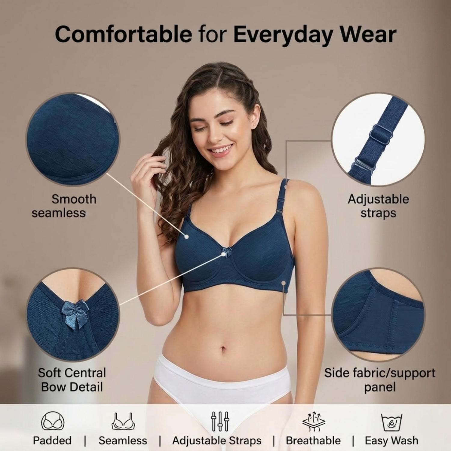 Elen Vosky Bra for Women | Seamless, Padded Bra | Comfortable Everyday Wear | Lightly Lined Wireless Support | Breathable Cotton Lycra Fabric (Pack of 3)