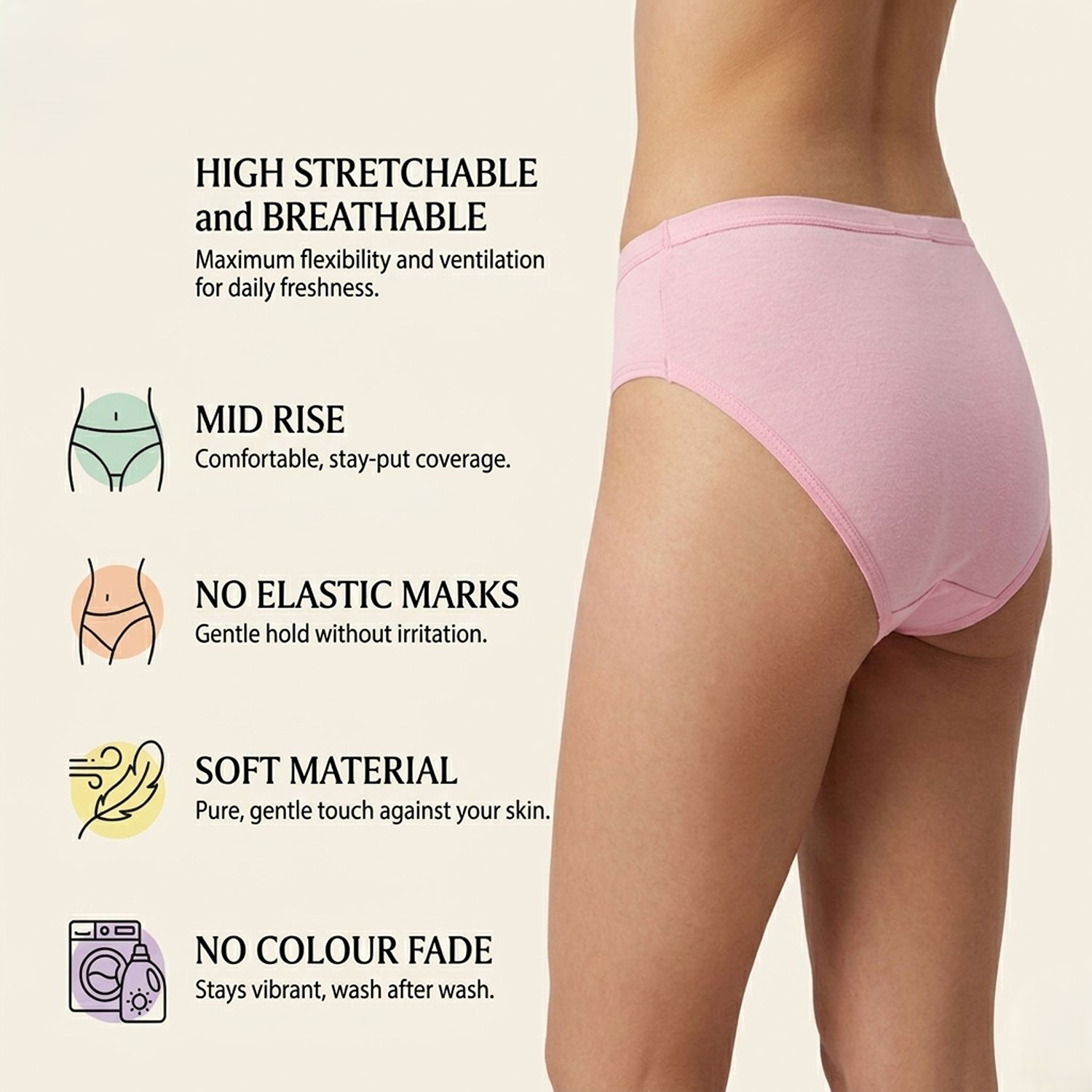 Elen Vosky Women Hipster Panties Pack of 3 | Breathable Cotton Lycra Fabric | Full Coverage Mid Rise Comfort Fit | Stretch Waistband | Anti Odor Everyday Wear