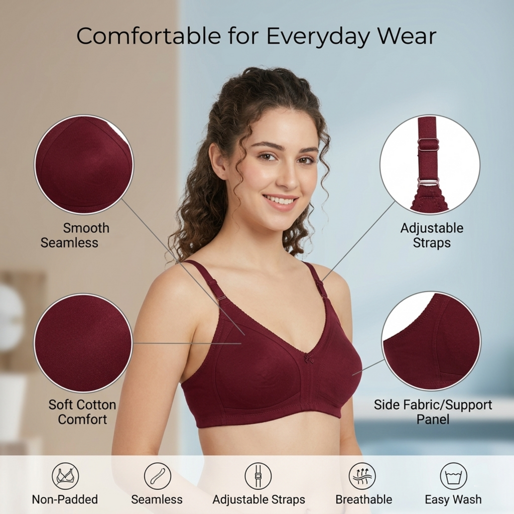 Elen Vosky Non Padded Bra for Women | Wirefree Seamless Bra with Adjustable Straps | Soft Support Breathable Cotton Lycra Bra for Everyday Wear