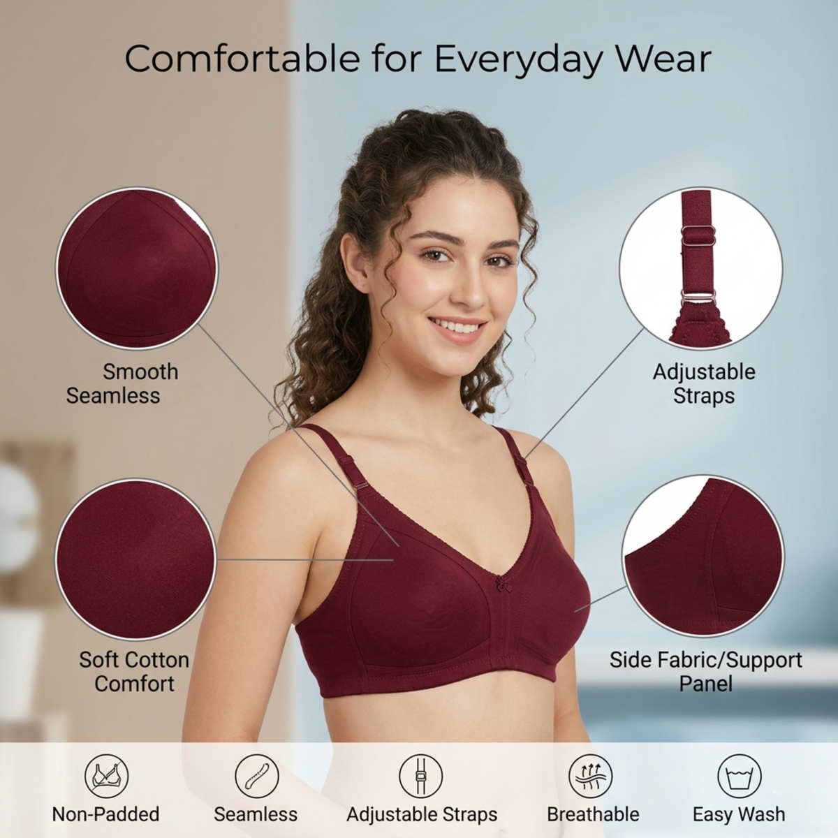 Elen Vosky Non Padded Bra for Women | Wirefree Seamless Bra with Adjustable Straps | Soft Support Breathable Cotton Lycra Bra for Everyday Wear