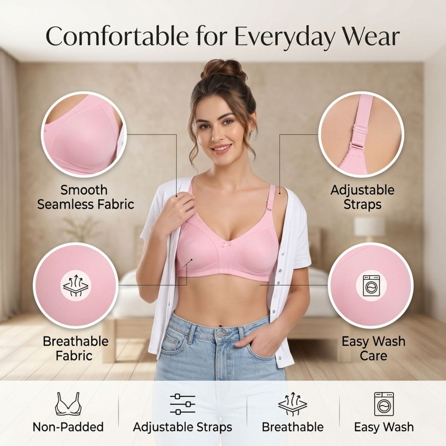 Elen Vosky Non Padded Bra for Women | Wirefree Seamless Bra with Adjustable Straps | Soft Support Breathable Cotton Lycra Bra for Everyday Wear