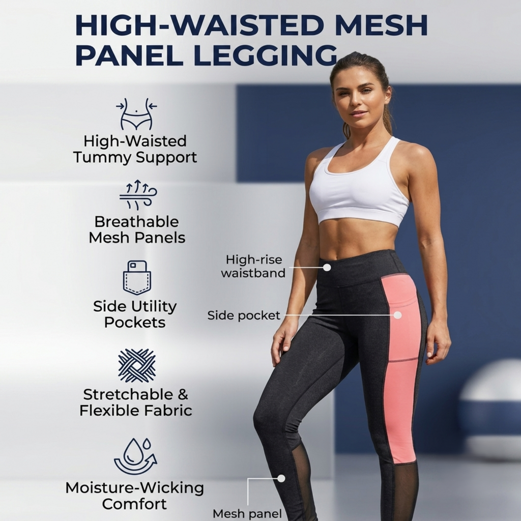 Elen Vosky Gym leggings for women high waist |Dual Colour, Breathable Mesh Panel, Side Pockets  Workout Tights | Stretchy Activewear Yoga Pants for Running, Fitness & Training