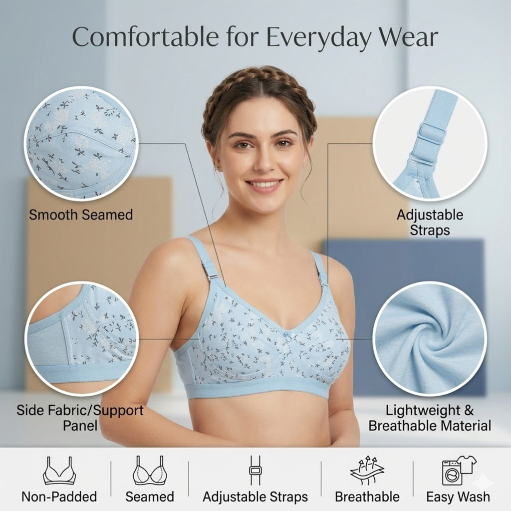 Elen Vosky Women Bra combo Pack of 2 | Seamless Non-Padded Bra with Lace Bottom Band | Breathable Cotton Lycra Fabric | All-Day Comfort