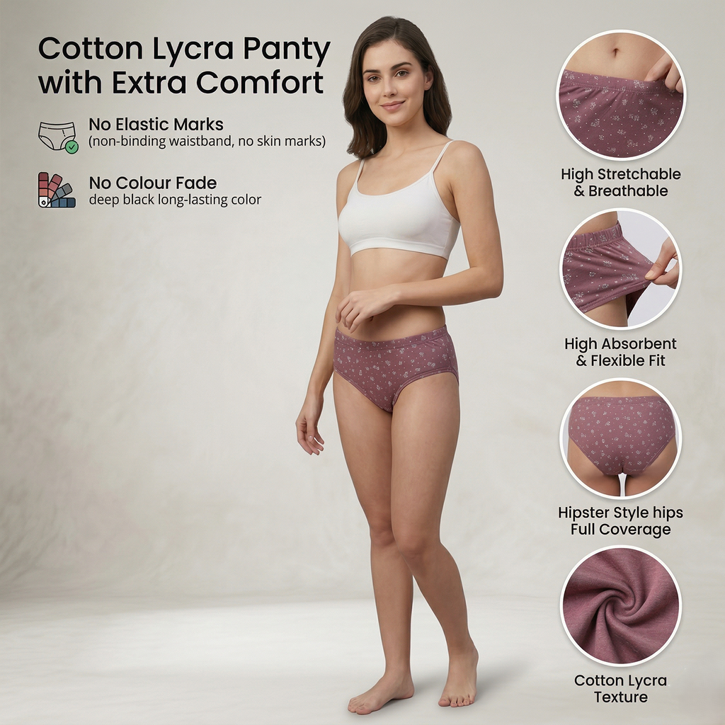 Elen Vosky Women’s Hipster Panties Pack of 3 | Breathable Cotton Lycra Fabric | Full Coverage Innerwear | Mid Rise Comfort Fit | women innerwear
