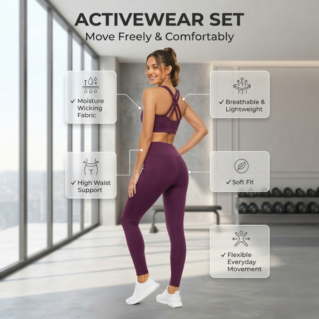 Elen Vosky Women's Activewear Set | Criss Cross Back & High Waist Leggings with Side Pockets | Stretch Workout Outfit for Yoga, Gym, Running & Fitness