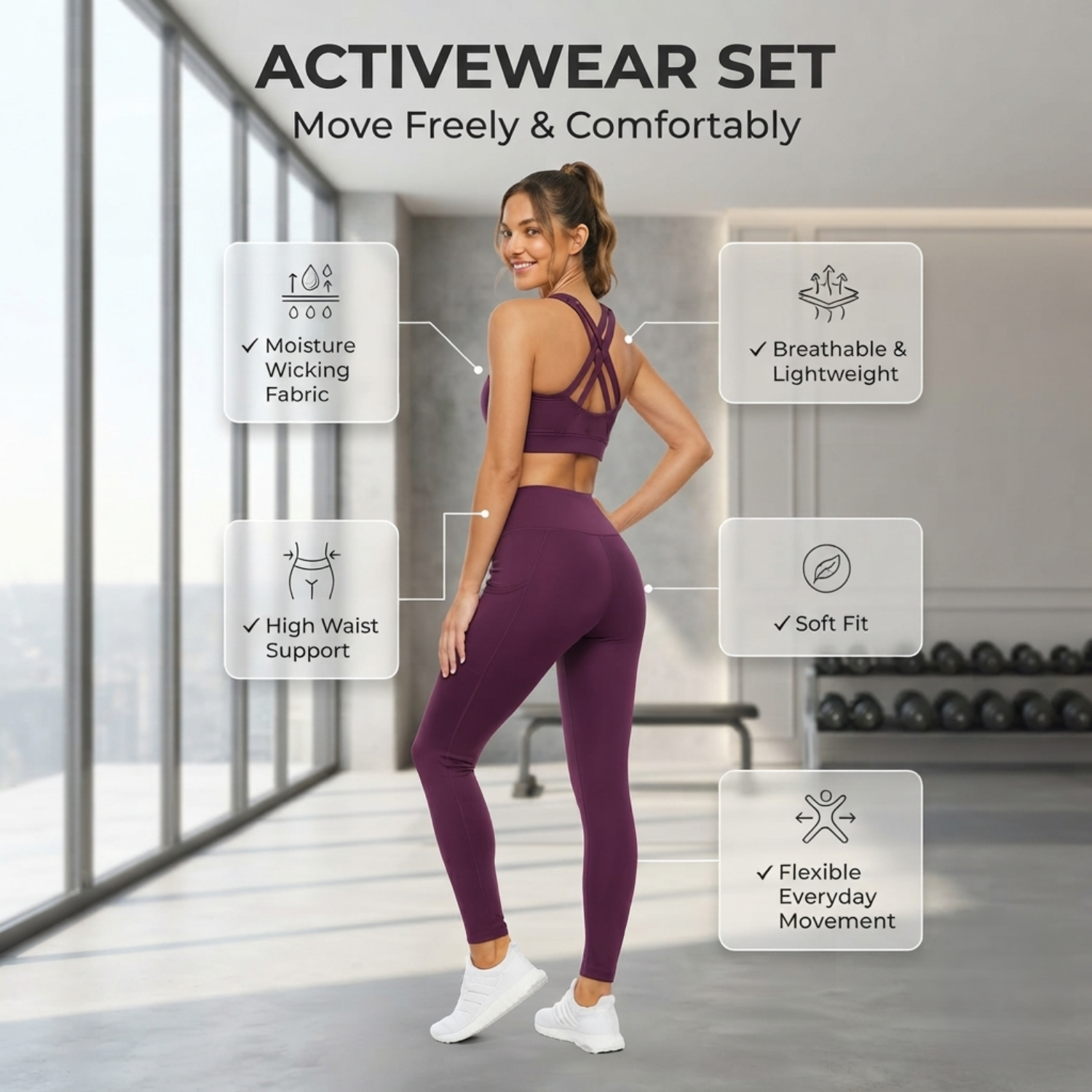 Elen Vosky Women's Activewear Set | Criss Cross Back & High Waist Leggings with Side Pockets | Stretch Workout Outfit for Yoga, Gym, Running & Fitness