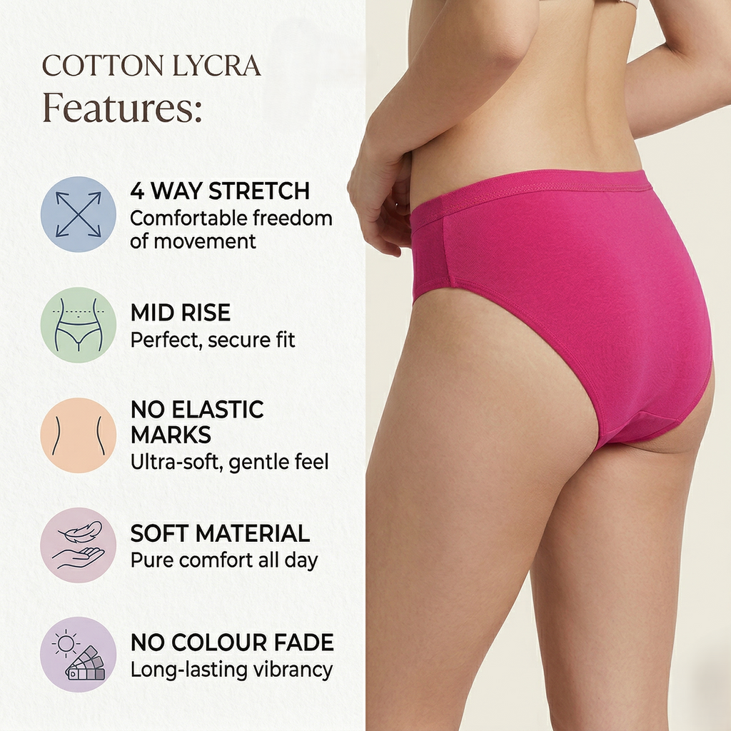 Elen Vosky Women’s Cotton Hipster Panties Pack of 3 | Breathable Cotton Lycra Fabric | Mid Rise Comfort Fit | Full Coverage Innerwear | Stretch Waistband | Anti Odor, Everyday Wear