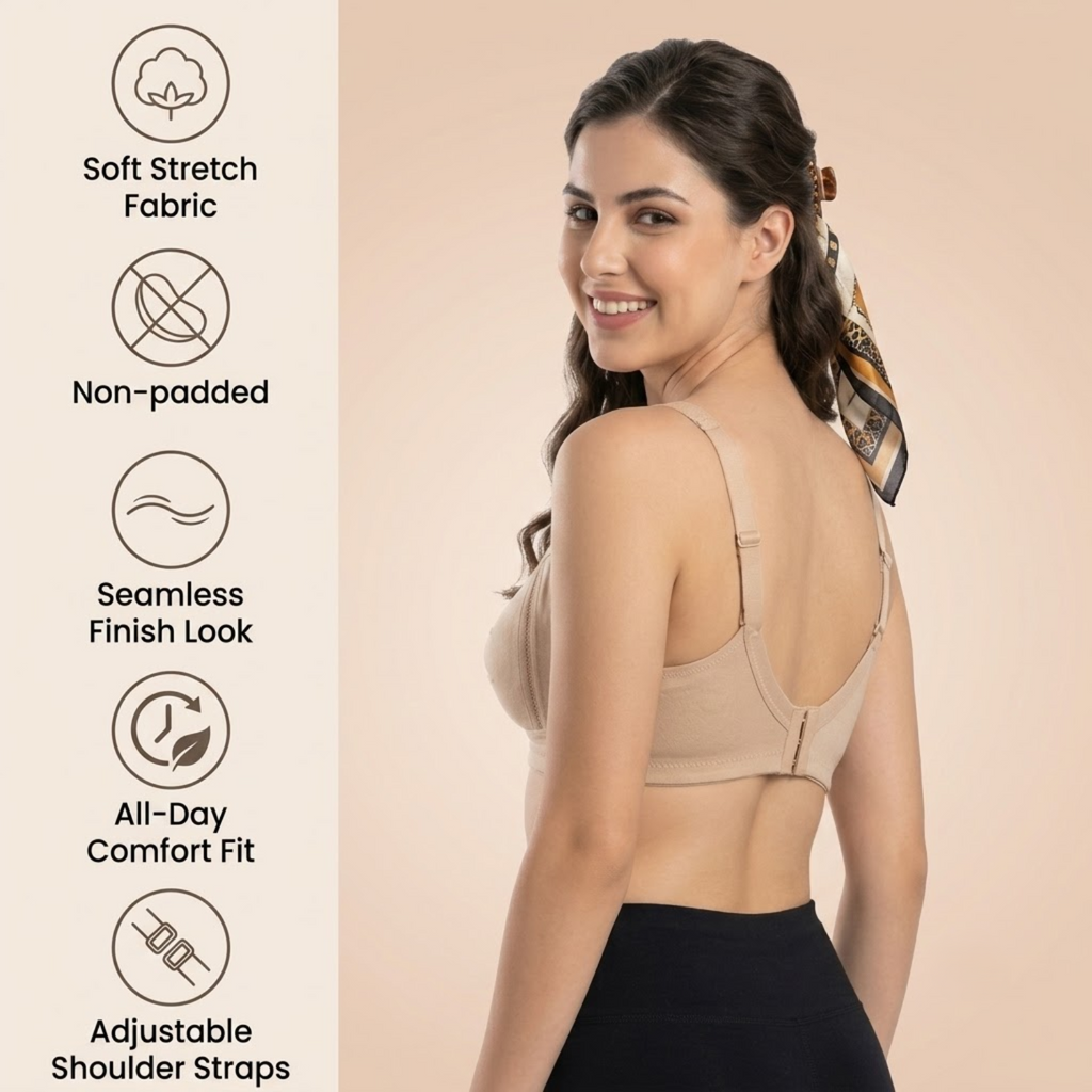 Elen Vosky Premium Women Bra Combo (Pack of 2) | Seamless Non-Padded Bra with Center Bow Design | 3-Hook Closure | Soft Fine Cotton Fabric | All-Day Comfort