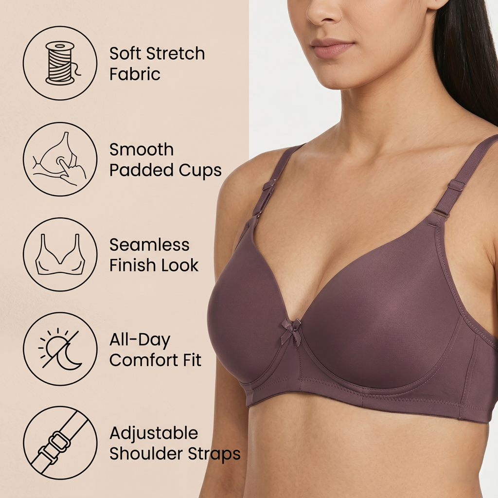 Elen Vosky Bra for Women | Seamless, Padded Bra | Comfortable Everyday Wear | Lightly Lined Wireless Support | Breathable Cotton Lycra Fabric