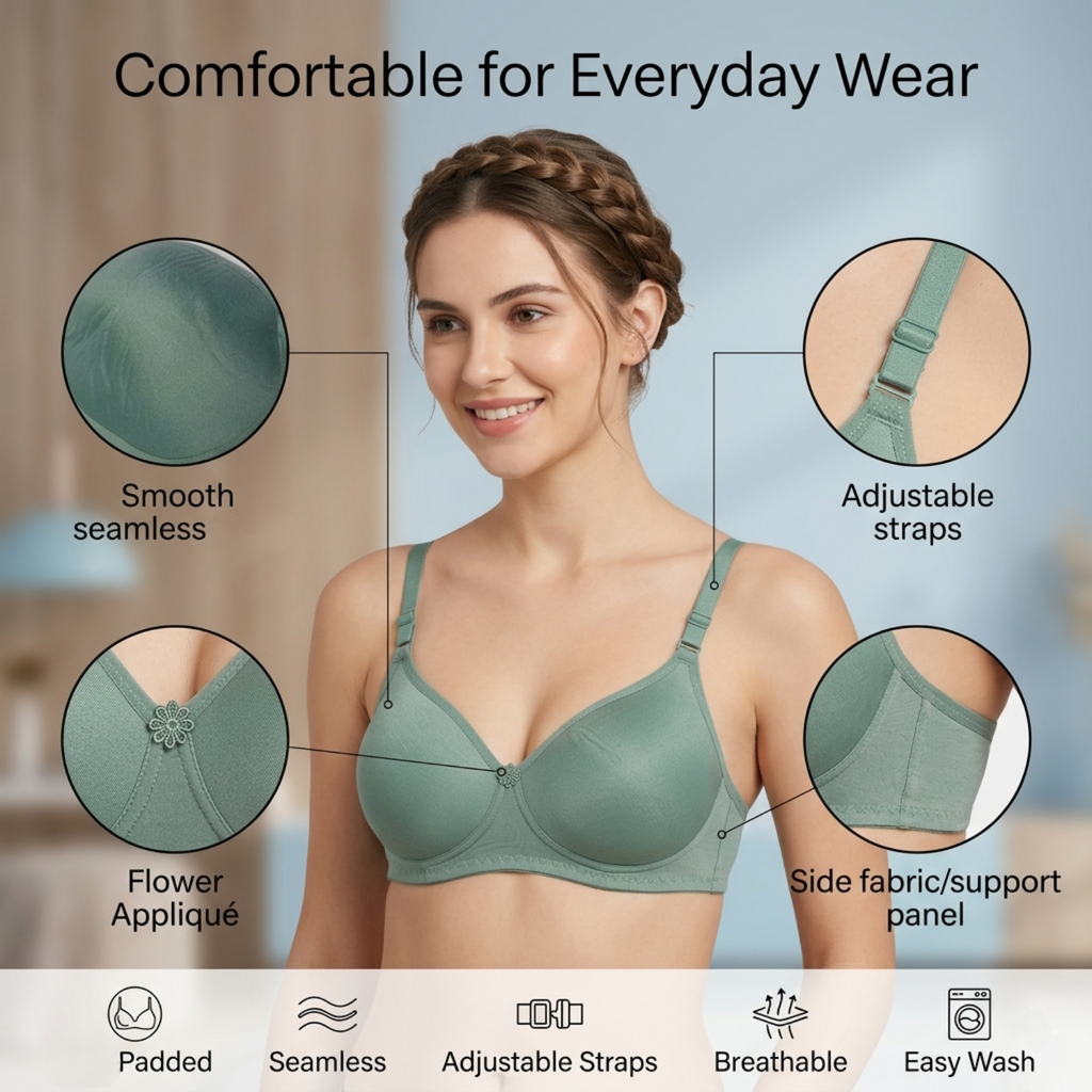 Elen Vosky Padded Bra for Women (Pack of 2) | Push-Up Seamless Adjustable Shoulder Bra | Comfortable Everyday Wear | Lightly Lined Wireless Support | Soft Breathable Lingerie