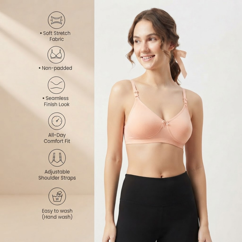 Elen Vosky Non-Padded Bra for Women | Seamless Wireless | 3-Hook Back Closure | Adjustable Shoulder Straps | Breathable Cotton Fabric | Everyday Wear